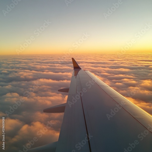 Airplane wing view over clouds at golden hour, dreamy tone, clear area on top for travel.