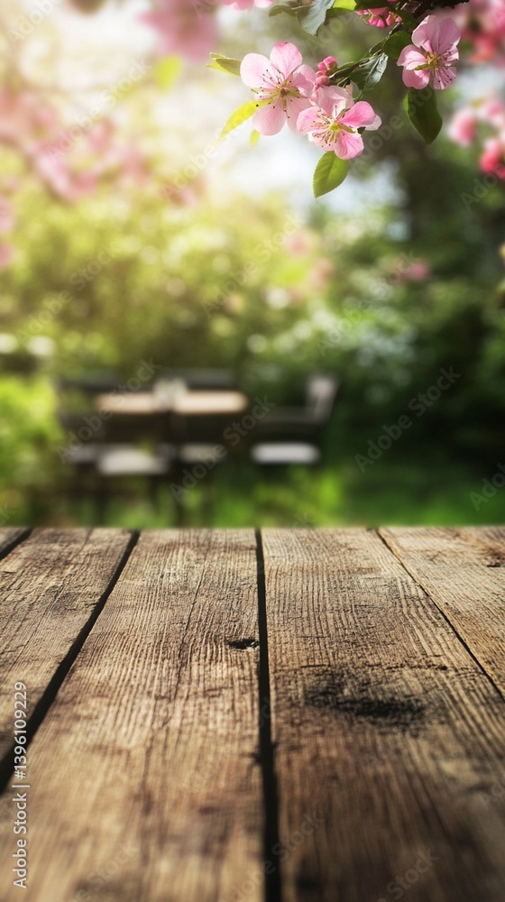 Rustic wooden table with weathered texture in foreground, blossoming pink flowers and soft garden background creating serene spring landscape scene Rustic wooden table with weathered texture in foreground, blossoming pink flowers and soft garden background creating serene spring landscape scene