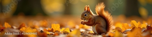 A fluffy rusty-brown squirrel foraging among autumn leaves in a Czech park , squirrel, seasonal, European