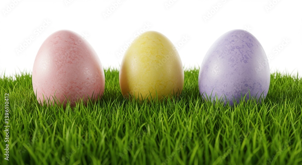 Three pastel colored easter eggs nestled in vibrant green grass against a white background Three pastel colored easter eggs nestled in vibrant green grass against a white background