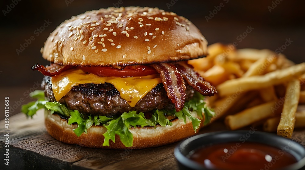 A delicious, freshly made hamburger with crispy bacon, melted cheddar cheese, fresh lettuce, sliced tomatoes, and a sesame seed bun served with golden French fries and a small bowl of ketchup A delicious, freshly made hamburger with crispy bacon, melted cheddar cheese, fresh lettuce, sliced tomatoes, and a sesame seed bun served with golden French fries and a small bowl of ketchup
