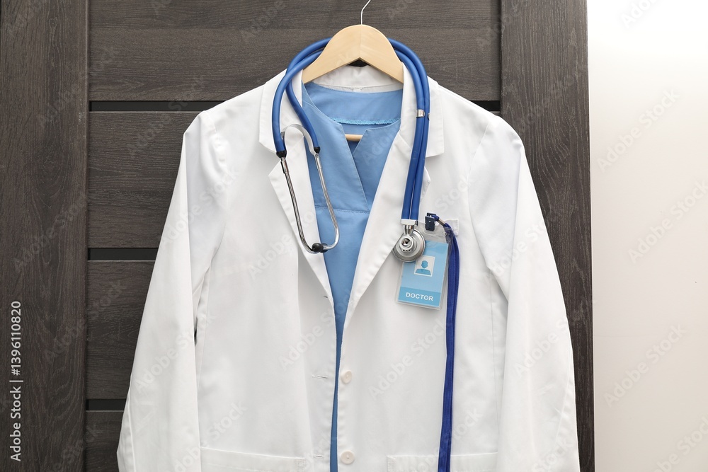 Doctor's coat with stethoscope and badge on hanger indoors Doctor's coat with stethoscope and badge on hanger indoors