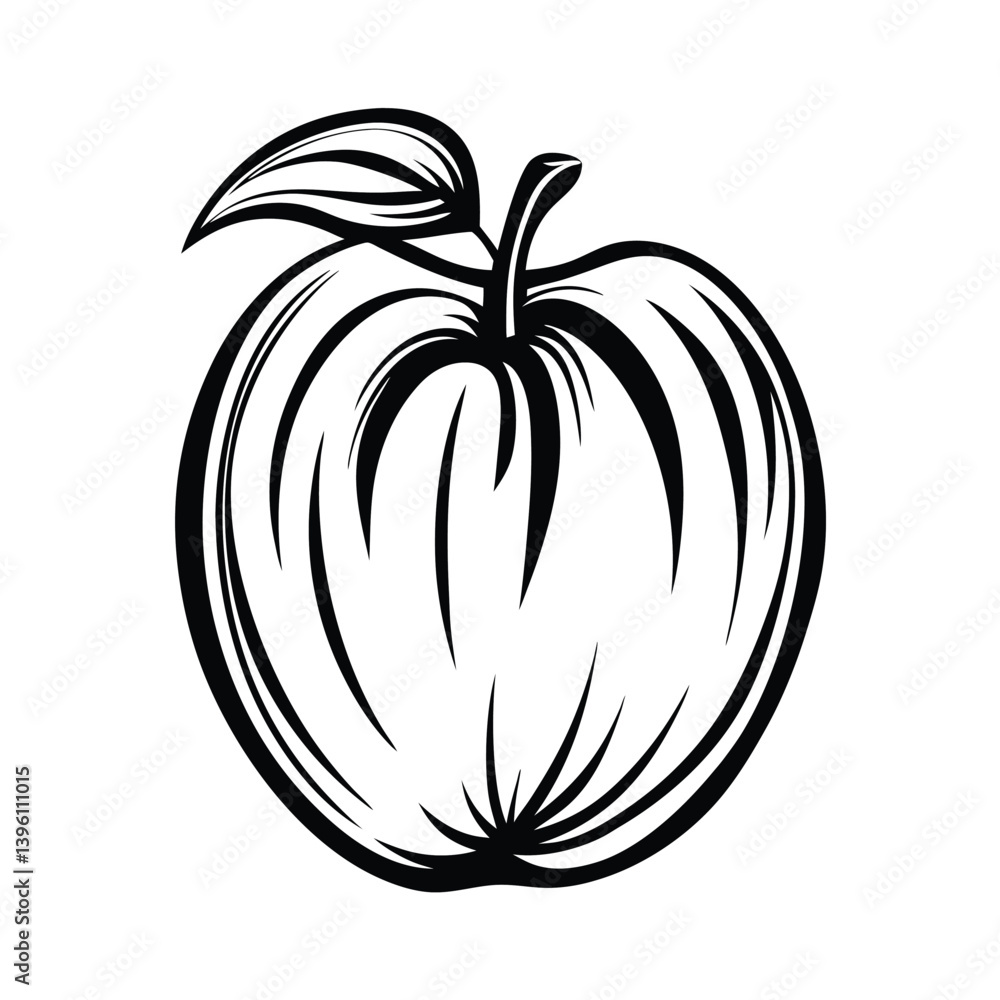 Stylized Black and White Apple Drawing with Leaf and Stem, Line Art, Isolated Stylized Black and White Apple Drawing with Leaf and Stem, Line Art, Isolated