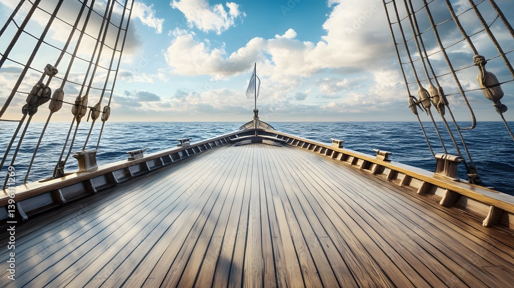 Obraz premium Wooden deck of a tall ship sailing on the ocean under a cloudy sky.