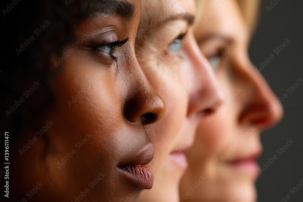 Profile view of diverse women's faces in unity. Profile view of diverse women's faces in unity.
