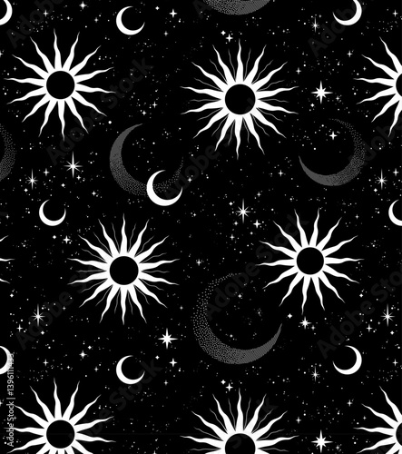 Seamless space pattern. Stars, moons and suns
