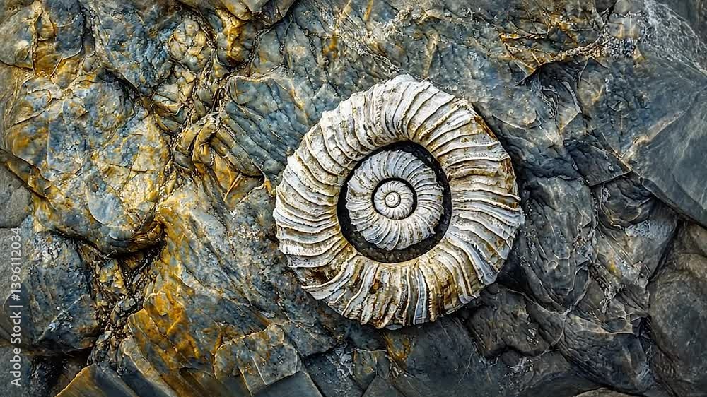 Close-up of a fossilized ammonite embedded in textured rock, showcasing natural history Close-up of a fossilized ammonite embedded in textured rock, showcasing natural history