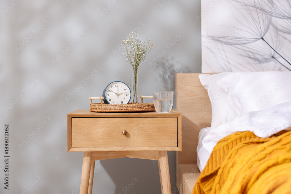 Bedside table with alarm clock, flowers in vase and glass of water near bed indoors