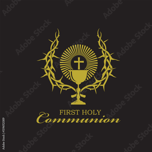 golden holy communion icon with chalice and thorn crown isolated on black background