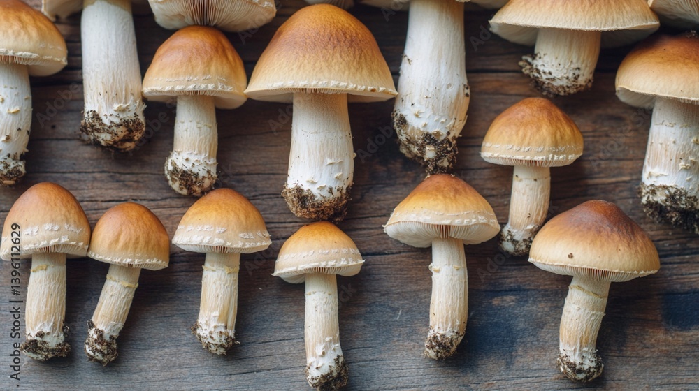 Freshly harvested golden-capped mushrooms arranged neatly on rustic wooden surface, showcasing natural beauty and organic texture of wild forest fungi collection Freshly harvested golden-capped mushrooms arranged neatly on rustic wooden surface, showcasing natural beauty and organic texture of wild forest fungi collection