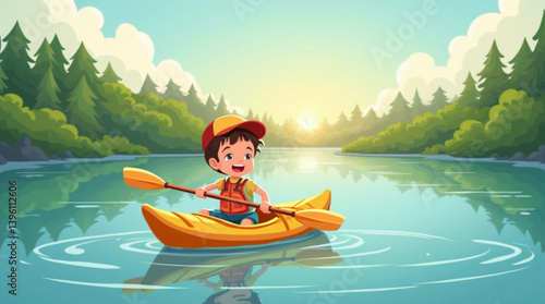 Smiling Boy Kayaking on a Lake – Sunny Nature Adventure Vector Illustration
