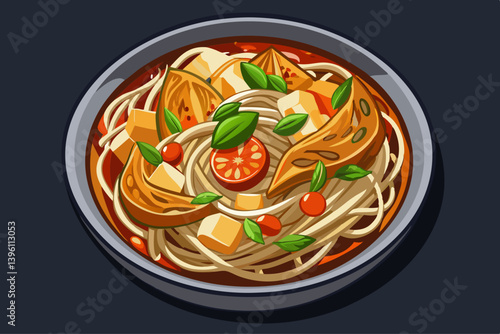 vector of A glass or cellophane noodle bowl with Asian caramelized chicken breast in top view on a dark gray background