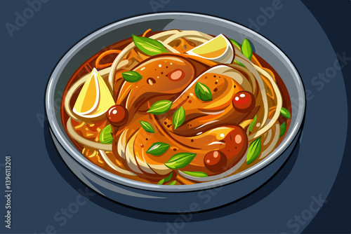 vector of A glass or cellophane noodle bowl with Asian caramelized chicken breast in top view on a dark gray background