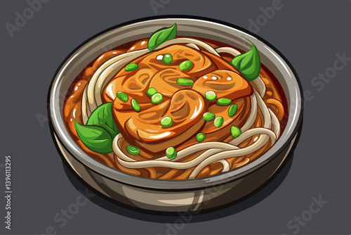 vector of A glass or cellophane noodle bowl with Asian caramelized chicken breast in top view on a dark gray background