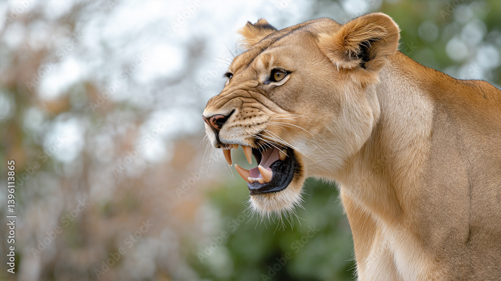 Obraz premium Fierce lioness snarling aggressively showing sharp teeth in profile view.
