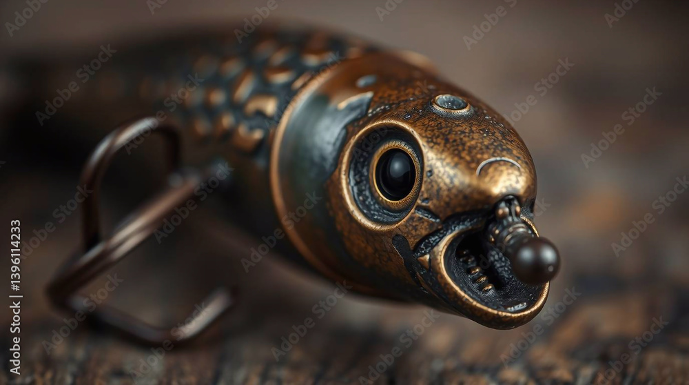 Fototapeta premium An extreme close-up of a cast bronze fishing lure, showcasing the intricate details and antique patina finish, with a shallow depth of field emphasizing texture.jpg