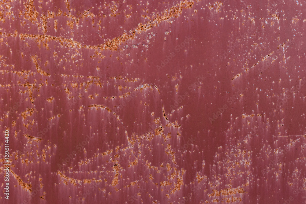 Red metal surface featuring extensive rust and corrosion