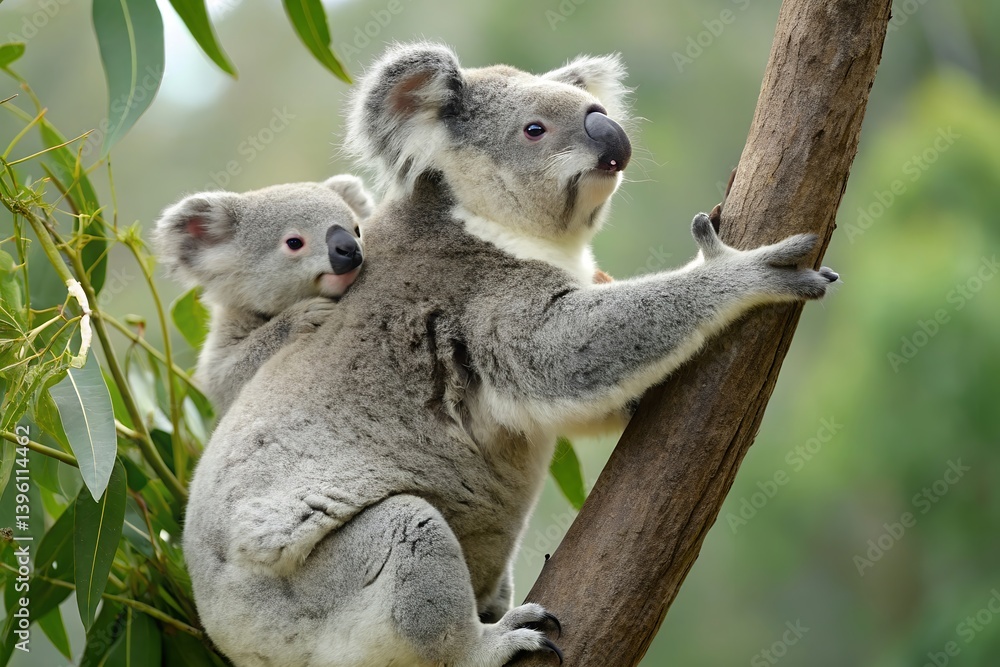 Naklejka premium Koala Mother Climbing Tree Trunk With Baby Joey On Back In Natural Habitat Wildlife Photography, koala, koala bear, joey, baby, mother, mom, eucalyptus, tree, climbing, wildlife, marsupial, cute