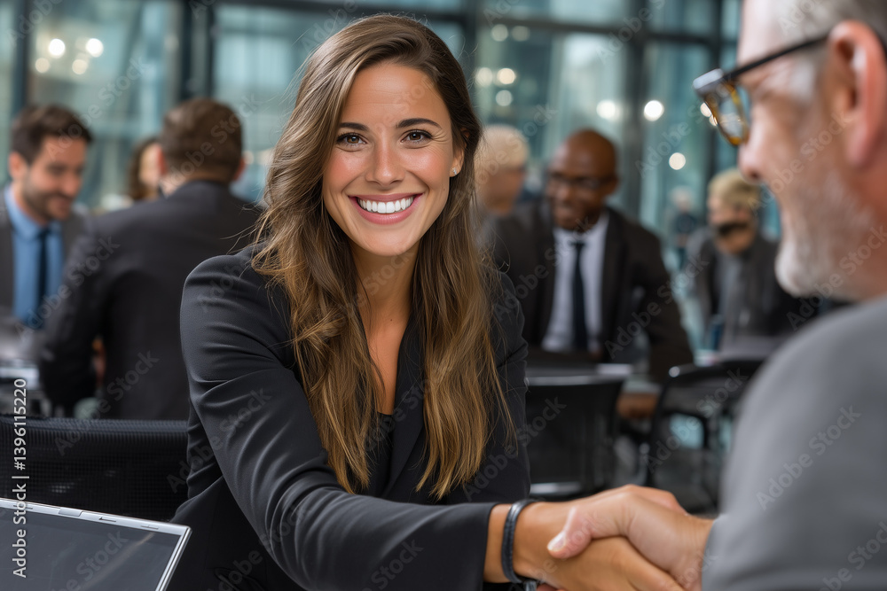Smiling woman in black blazer shaking hands with a man at a business meeting in a modern office Smiling woman in black blazer shaking hands with a man at a business meeting in a modern office