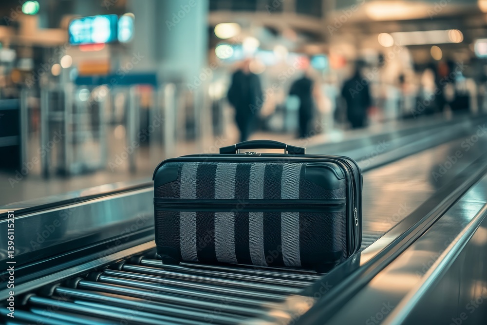 Black suitcase on airport conveyor belt with blurred passengers and security control background