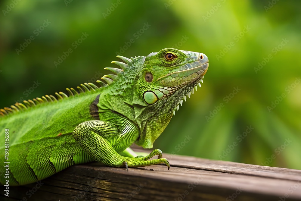 Captivating Green Iguana Profile On Wooden Surface With Lush Green Background Displaying Its Unique Scales And Spikes, green iguana, iguana, reptile, lizard, animal, exotic, nature, wildlife, scales Captivating Green Iguana Profile On Wooden Surface With Lush Green Background Displaying Its Unique Scales And Spikes, green iguana, iguana, reptile, lizard, animal, exotic, nature, wildlife, scales