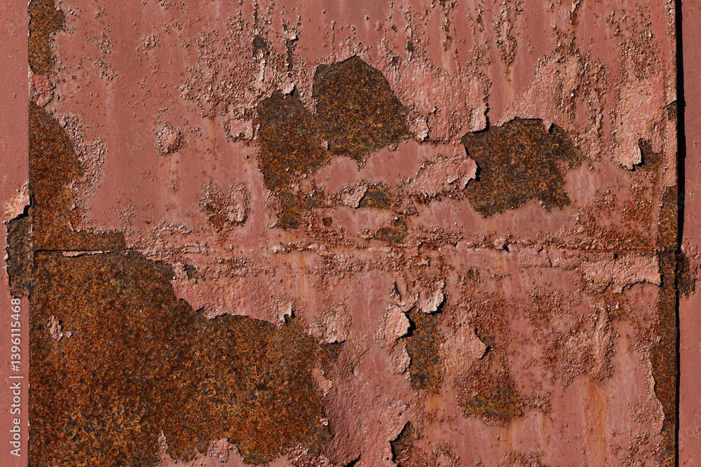 A rusty metal surface with cracked red primer peels revealing textures