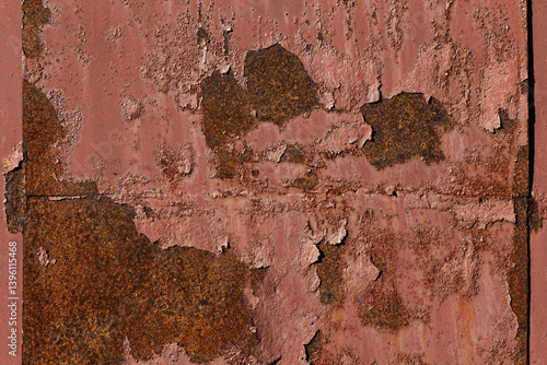 Obraz na płótnie A rusty metal surface with cracked red primer peels revealing textures w salonie