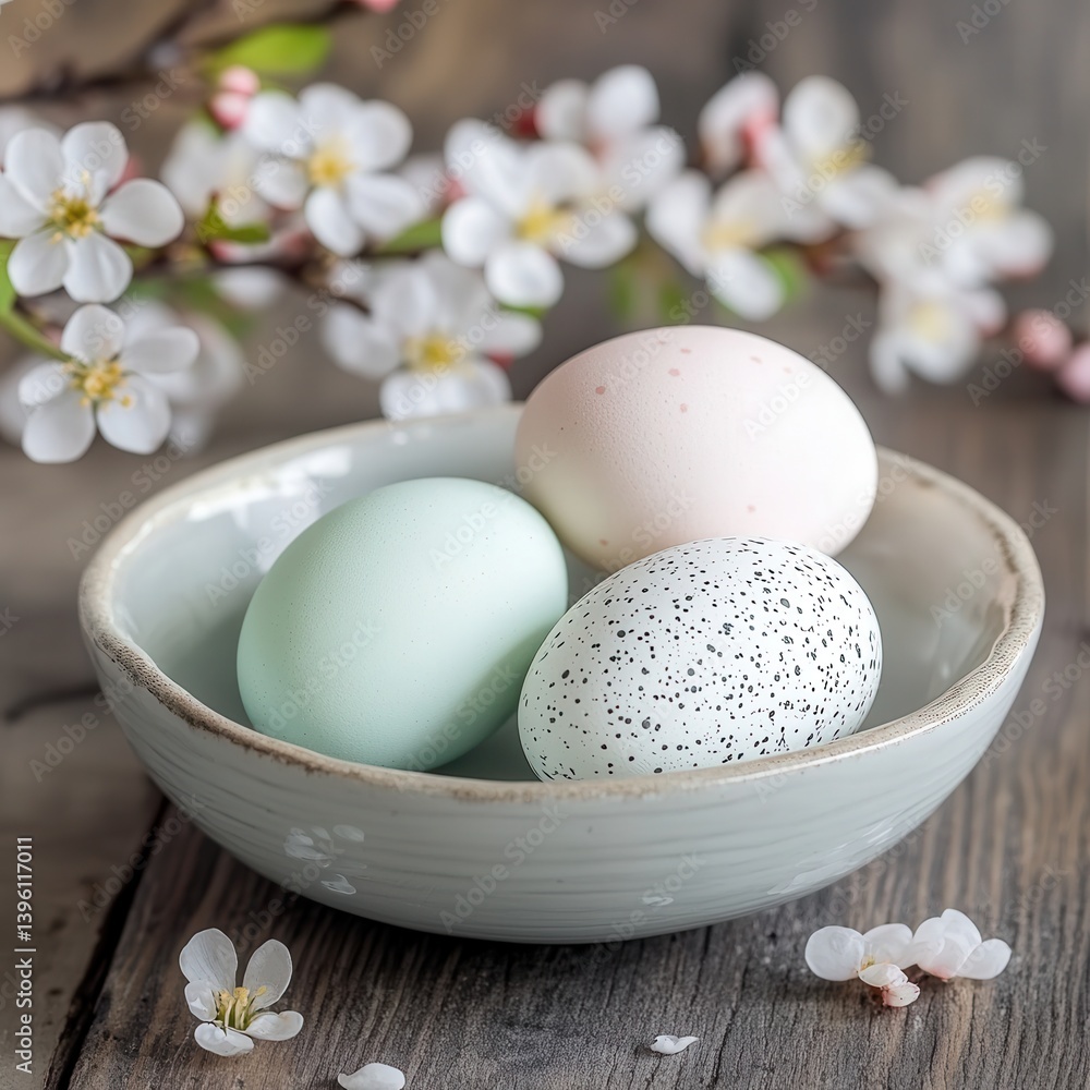 Three colorful eggs sit in a bowl surrounded by vibrant flowers on a festive table. Three colorful eggs sit in a bowl surrounded by vibrant flowers on a festive table.