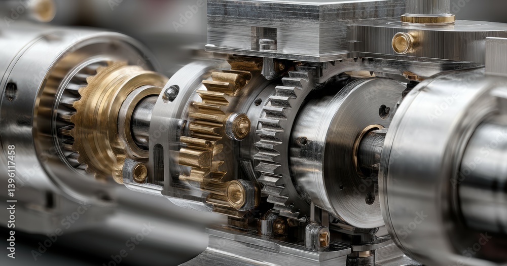 Close-up view of precision engine gears and metallic components in motion Close-up view of precision engine gears and metallic components in motion