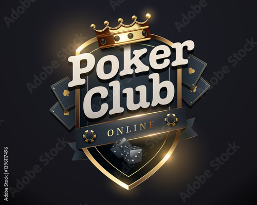Elegant online poker club logo with a golden crown, dice, and playing cards. Premium black and gold design for gambling website, poker tournament, and casino branding