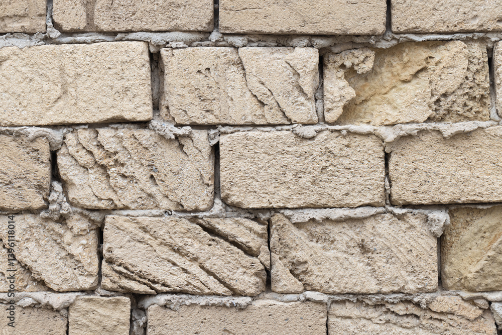 Close-up photo of a natural shell rock stone brick wall, background texture Close-up photo of a natural shell rock stone brick wall, background texture