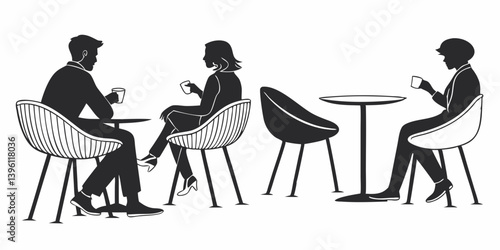 Silhouettes of People at Cafe Tables and Chairs Enjoying Coffee Vector Illustration