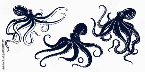 Vintage Style Dark Blue Octopus Vector Illustrations | Detailed Marine Animal Drawings Set of 3 on White Background | Nautical Sea Life Graphic Elements