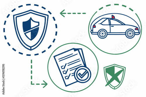 Car Insurance Claim Process Shield Police Car Checklist Approved Rejected Icons Safety Protection Auto Security Flat Vector