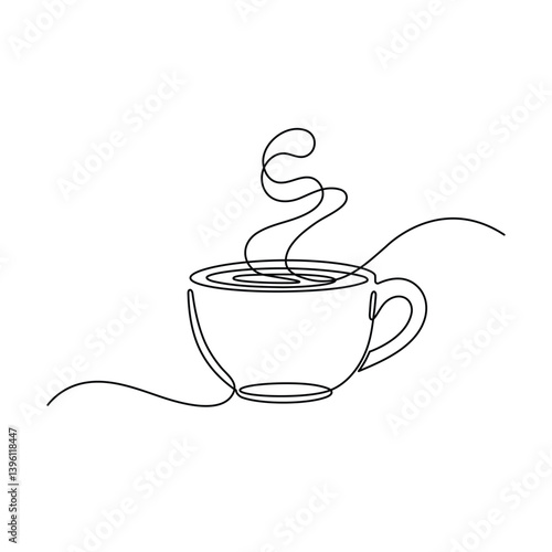 Tea or coffee cup continuous one line drawing, single line art, linear style, editable stroke, isolated on a transparent background