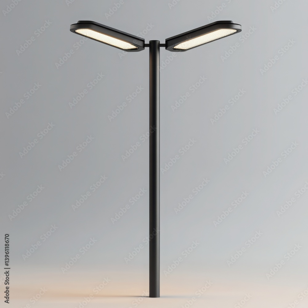 Modern street lamp with dual LED fixtures and sleek black and silver design on white background Modern street lamp with dual LED fixtures and sleek black and silver design on white background