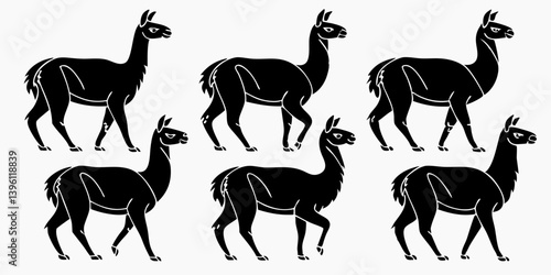 Black Silhouette Llamas Graphic Illustration Art Design Animals Mammals Vector Image Clipart