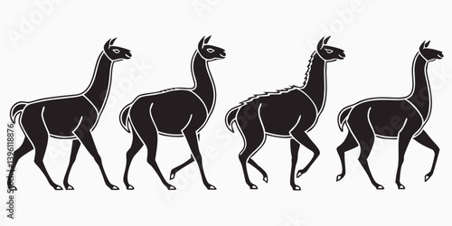 Black Llama Silhouettes Walking Vector Illustration Ancient Art Style Mammals Animals Row of Llamas Graphic Design Stock Image Decorative Simple Design Animal Art Graphic Black and White Image