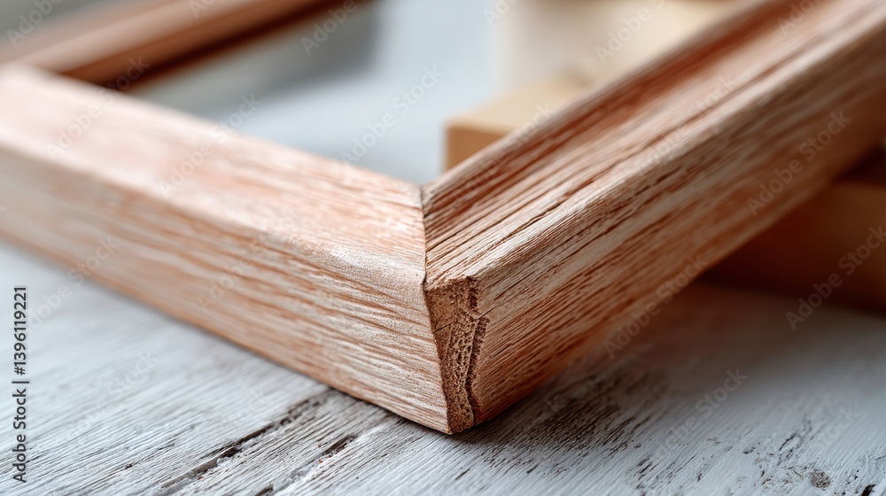 Close-up of wooden frame corner on white surface highlighting texture and craftsmanship Close-up of wooden frame corner on white surface highlighting texture and craftsmanship