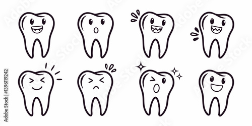 Cartoon Teeth with Different Expressions Dental Health Vector Illustration Set