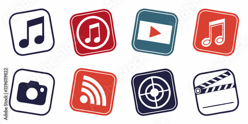 Media Icons Set Red and Blue Rounded Square Style - Music Video Photo RSS Target Clapperboard Vector