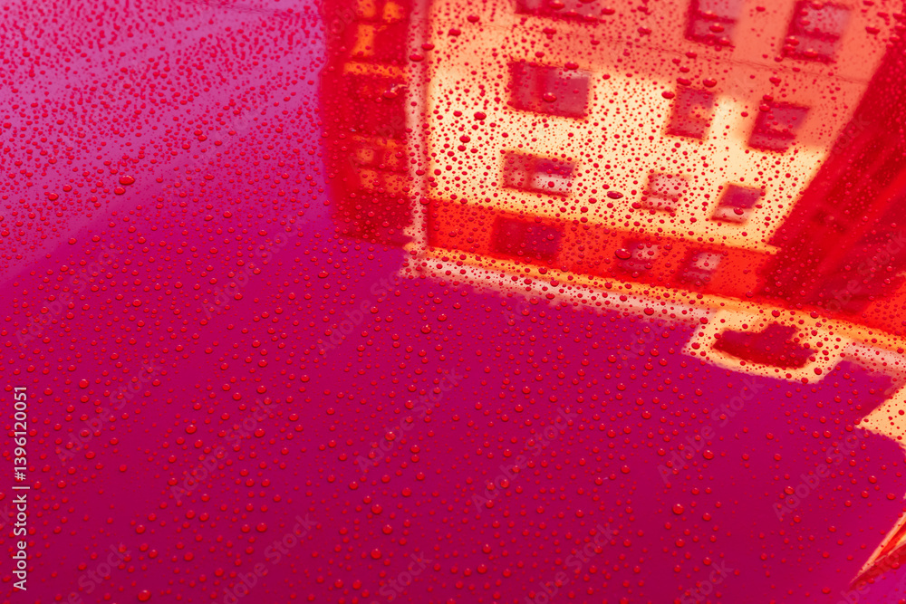 Bright red car hood surface glistening with water droplets