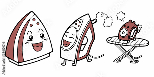 Cute Cartoon Iron Family: Happy Steaming Red & White Appliances Vector