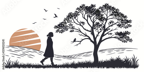 Black and White Woodcut Style Artistic Illustration Woman Walking Nature Sunset Landscape Tree Flying Birds Branch Bird Hills Silhouetted Art Piece Prints