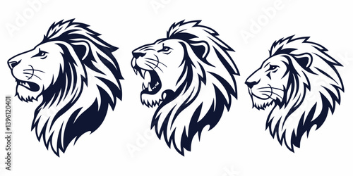 Vector Lion Head Profile Illustrations - Black and White Graphic Set - Roaring, Calm Lions with Manes - Mascot Style