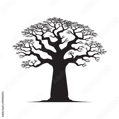 Baobab Tree Vector Silhouette, Iconic African Tree Outline, Bold Nature-Inspired Clipart for Wall Art, Logos, Stickers, Apparel, Digital Prints, Crafts, Posters, and Home Decor.