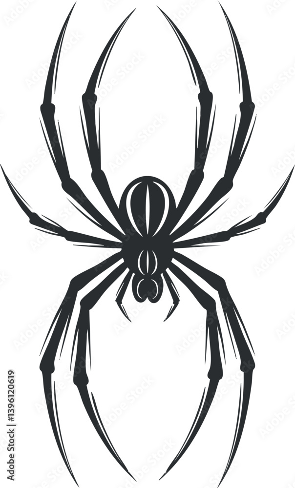Stylized black spider silhouette with eight legs and intricate details for graphic design purposes. Stylized black spider silhouette with eight legs and intricate details for graphic design purposes.