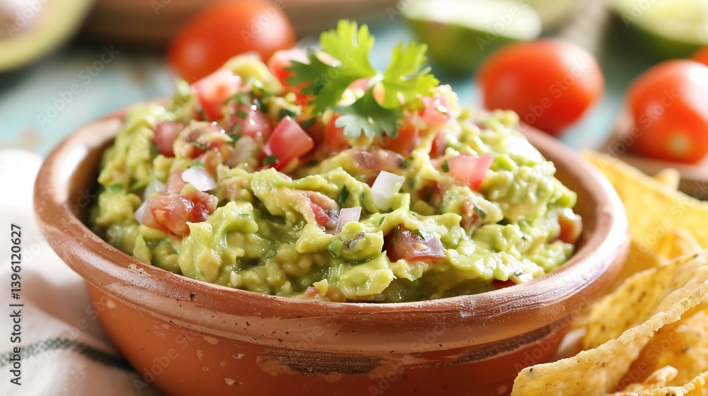 Close up of creamy guacamole dip a rustic bowl topped with diced tomatoes onions and cilantro served with crispy tortilla chips on a white background Close up of creamy guacamole dip a rustic bowl topped with diced tomatoes onions and cilantro served with crispy tortilla chips on a white background