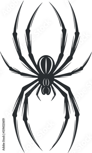 Stylized black spider silhouette with eight legs and intricate details for graphic design purposes.