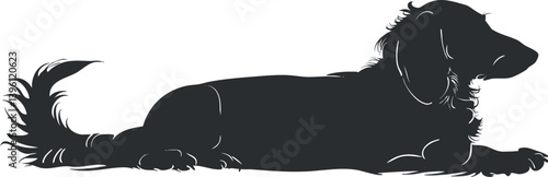 A black silhouette of a lying dog, showcasing its graceful form and relaxed posture.
